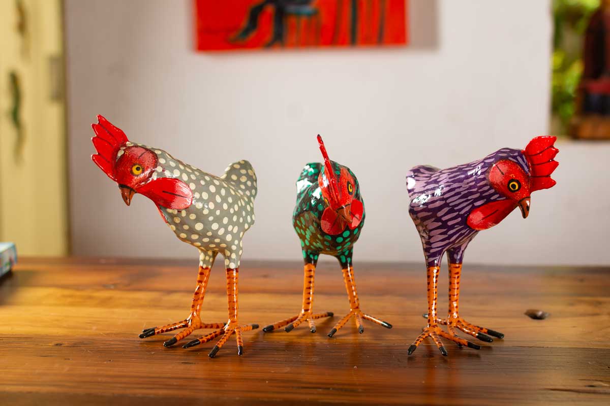3 papier Mache chicken figurines.